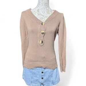 Brown Fall Cozy Sweater Neutral With Buttons Liz Claiborne Vintage Minimalist